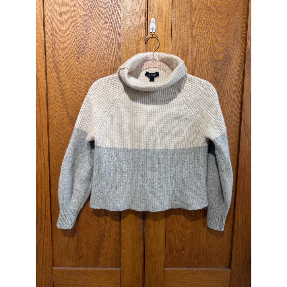 Ann Taylor Cream and Light Gray Colorblock Turtleneck Sweater